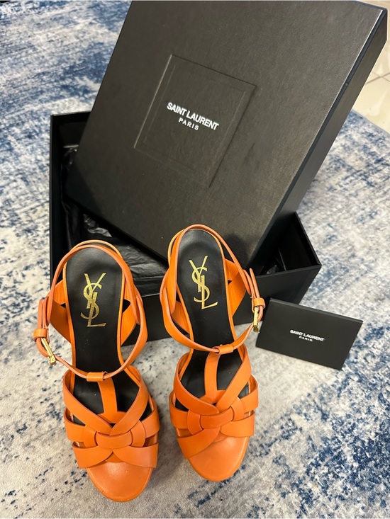 Saint Laurent Shoes - Saint Laurent Orange Leather Woven Heeled Sandals